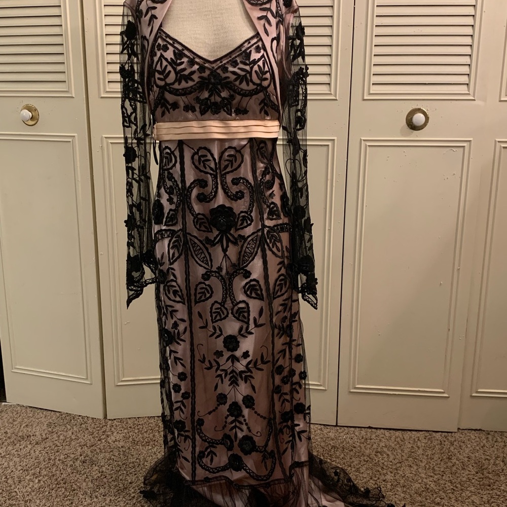 Elegant Black and Pink Embroidered Dress with matching bolero jacket
